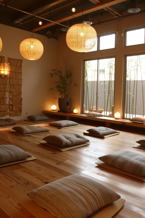 11 Eco-Friendly Yoga Studio Designs and Tips - TastyInteriors Workout And Meditation Room, Simple Home Yoga Space, Dream Yoga Studio, Dark Yoga Room, Yoga Decoration Ideas, Meditation Studio Design, Wellness Center Design Interiors, Yoga Studio Design Interiors, Yoga Studio Aesthetic