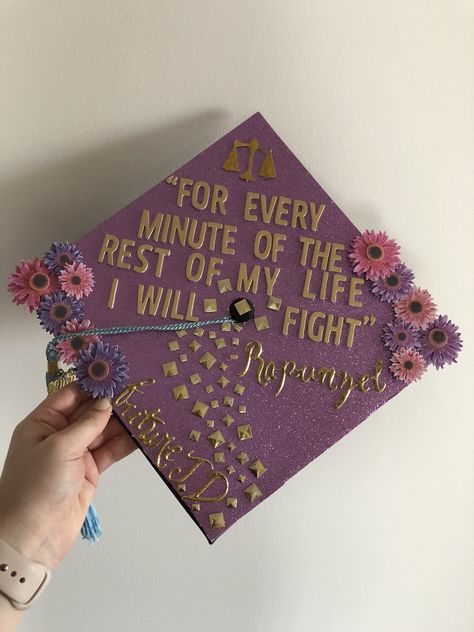 Kdrama Graduation Cap, Tangled Inspired Graduation Cap, Tangle Graduation Cap, Graduation Cap Designs Law School, Rapunzel Graduation Cap Ideas, Next Stop Law School Grad Cap, Graduation Cap Designs Disney Princess, Graduation Cap Designs Rapunzel, Rapunzel Graduation Party