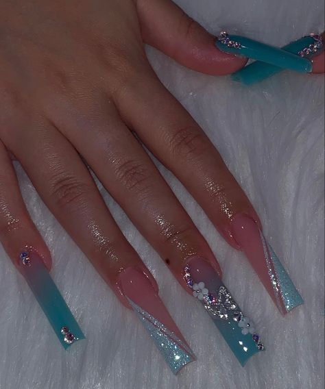 Turquoise Birthday Outfit, Glitter And Bling Nails, Pisces Acrylic Birthday Nails, Teal Long Nails, Mermaid Themed Nails, Cinderella Theme Nails, Teal Prom Nails, Blue Fairy Nails, Extra Acrylic Nails Designs