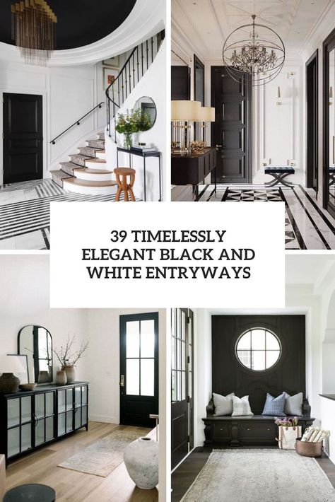 Hall and Entrance designs Archives - DigsDigs White Entrance Hall, Outdoor Patterned Tiles, Black And White Entryway, White Foyer, Black French Doors, Cool Chandeliers, White Entryway, Boho Entryway, Bright Rugs