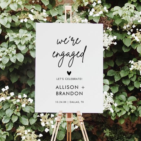 Simple Black and White Wedding Menu Cards  Zazzle Engagement Signs Ideas, Engaged Balloons, Modern Engagement Party, Engagement Flowers, Engagement Board, Wedding Photo Table, Wedding Table Seating Chart, Celebration Decorations, Modern Bridal Shower Invitations