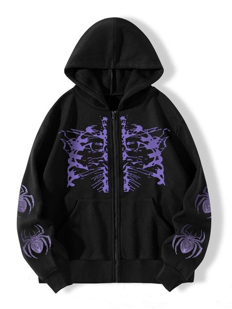 Skeleton Print Zip Up Thermal Lined Hoodie | SHEIN EUR Punk Fabric, Spider Skull, Skull Spider, Oversized Zip Up Hoodie, Y2k Men, Baby Tees Y2k, Skeleton Print, Lined Hoodie, Y2k Baby Tee