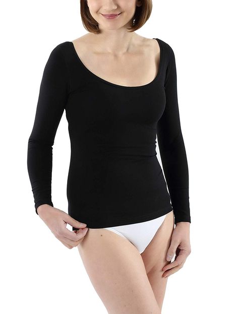 Neck Stretches, Long Cut, Premium Brands, Spandex Fabric, Black Long Sleeve, Stretch Cotton, Body Shapes, Women Long Sleeve, Scoop Neck