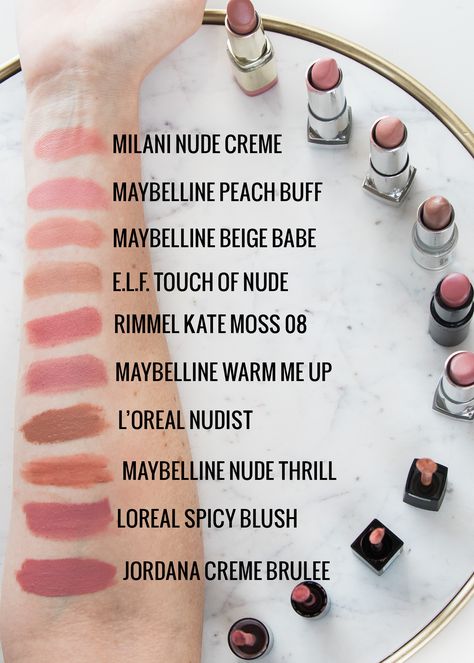 drugstore nude lipstick swatches. So many amazing shades! #drugstorelipstick #drugstoremakeup #lipstick #affordablebeauty #drugstorebeauty #makeup Maybelline Beige Babe, Permanente Make-up, Makijaż Smokey Eye, Lipstick Swatches, Nude Lipstick, Simply The Best, Drugstore Makeup, Lipsticks, Beauty Blogger