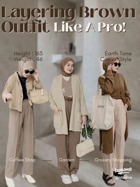 Earth Tone Hijab Outfit, Mix And Match Outfits Hijab Casual, Cream Outfit Hijab, Brown Outfit Hijab, Celana Khaki, Outfit Earth Tones, Beige Cardigan Outfit, Brown Cardigan Outfit, Mix And Match Outfits Hijab