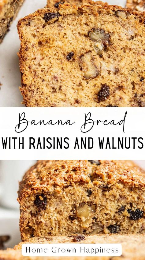 This banana bread with raisins and walnuts is super quick to put together! It’s full of banana flavour and has a great texture. Raisin Walnut Bread Recipe, Banana Raisin Bread, Bread With Raisins, Moist Banana Muffins, Walnut Bread Recipe, Sweet Banana Bread, Banana Recipe, Walnut Bread, Banana Walnut