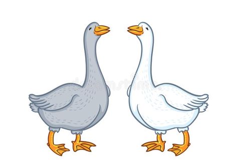 Two geese white and gray, cartoon funny goose isolated on white background, goose domestic nature character, poultry royalty free illustration Angry Goose Drawing, Cartoon Goose Tattoo, Geese Cartoon, Goose Cartoon Cute, August Drawings, Geese Drawing, Cartoon Goose Drawing, Geese Illustration, Goose Cartoon