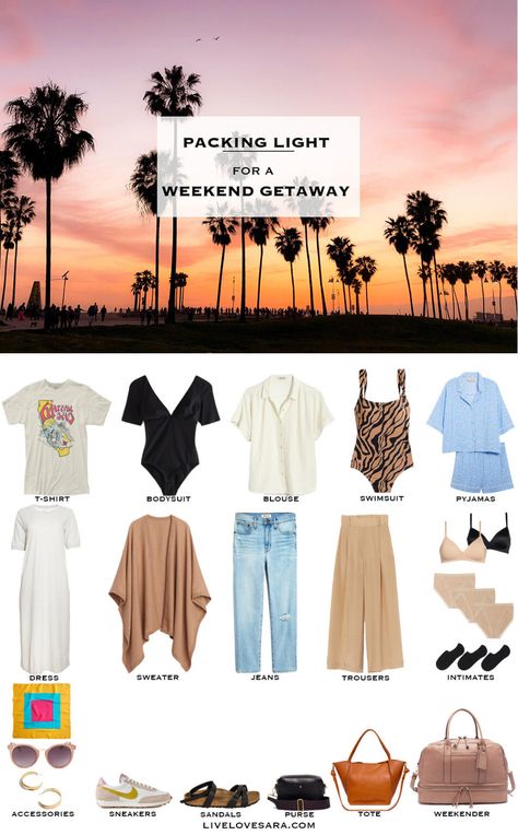 Pack Light For Travel Summer, Packing List Summer, Weekend Getaway Packing List, Weekend Trip Outfits, Long Weekend Packing, Weekend Trip Packing List, Weekend Capsule Wardrobe, What To Wear In Summer, Weekend Trip Packing