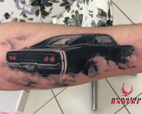 Car Tattoo Ideas Women, R34 Tattoo Ideas, Dodge Charger Tattoo, Dodge Challenger Tattoo, Car Tattoo Sleeve, Challenger Tattoo, Muscle Car Tattoo, Dodge Tattoo, Classic Car Tattoo