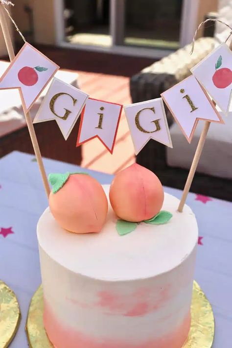 Peach Party Decorations and Ideas - A Touch of LA Peach First Birthday Cake, One Sweet Peach Birthday Cake, Sweet As A Peach Baby Shower Ideas, Peach Smash Cake, Cricut Party Decorations, Peach Birthday Party, One Sweet Peach, Gigi Birthday, Peach Party Decorations