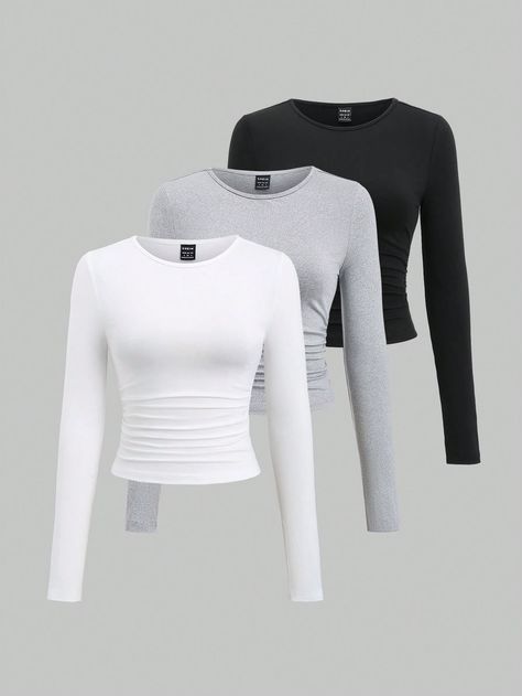 SHEIN EZwear 3pcs Solid Long Sleeve Ruched Waist Slim Fit TeeI discovered amazing products on SHEIN.com, come check them out! Fitted Long Sleeve Tshirt, Slim Fit Shirt Women, Tight Long Sleeve Shirt, Cute Long Sleeve Shirts, Essential Clothes, Long Sleeve Sports Top, 6th Form Outfits, Clothes Simple, Plain Clothes