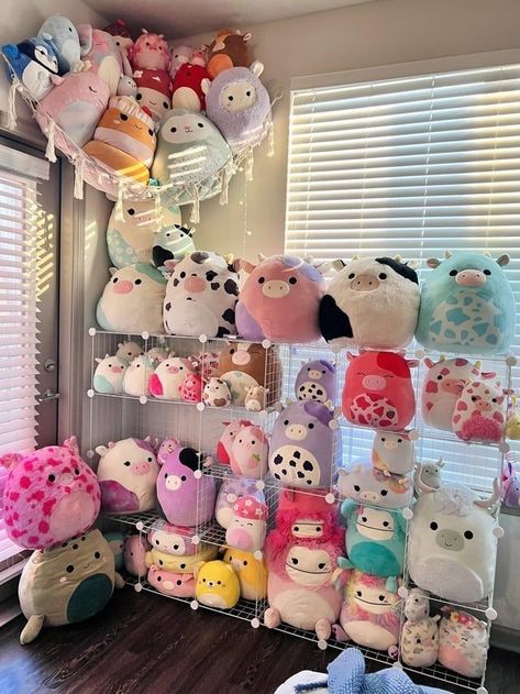 Huge Squishmallows Collection, How To Store Squishmallows In Bedroom, How To Organize Squishmallows, Organize Squishmallows, Displaying Plushies, Squishmallow Set Up, How To Display Squishmallows, Squishmallow Setup Ideas, Ways To Store Squishmallows