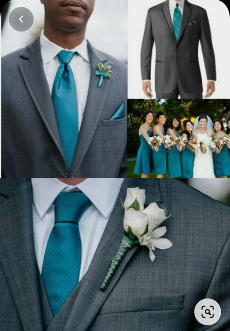 Wedding Suits Men Turquoise, Teal Wedding Mens Attire, Teal And Grey Wedding Cake, Grey And Teal Wedding Theme, Gray And Teal Wedding Colors, Dark Teal And Gray Wedding, Dark Teal And Grey Wedding, Teal Bridesmaid Dresses With Groomsmen, Teal Groomsmen Attire