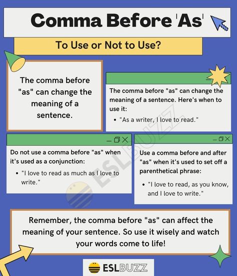 Commas can be a tricky punctuation mark, especially when it comes to the word "as". The question of whether to use a comma before as has been a topic of debate among writers and grammarians When To Use Commas, Using Commas, Punctuation Rules, Incomplete Sentences, Dependent Clause, Complete Sentences, Punctuation Marks, English Movies, Go Hiking