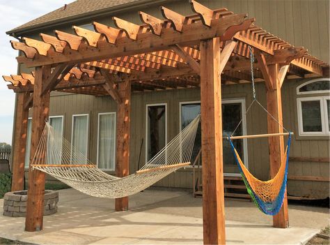 Pergola with hammocks Patio With Hammock, Deck Hammock Ideas, Pergola Hammock, Hammock Pergola, Pergola With Hammock, Modern Hammock Pergola, Pergola Hammock Stand, Hammock Pergola Plans, Hammock With Pergola