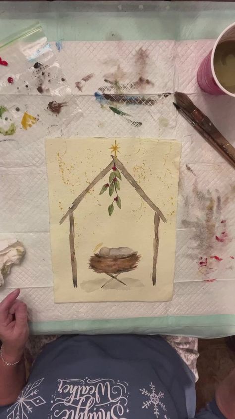 Join me for WATERCOLOR WEDNESDAY ! Let’s paint a simple Nativity ♥️ | By The Vintage Pebble | Facebook Watercolor Nativity Tutorial, Watercolor Nativity Paintings, Easy Nativity Painting, Watercolor Christian Art, Simple Nativity Painting, Simple Watercolor Nativity Scene, Simple Nativity Watercolor, Christmas Paintings On Canvas Easy Diy Nativity, Nativity Watercolor Cards