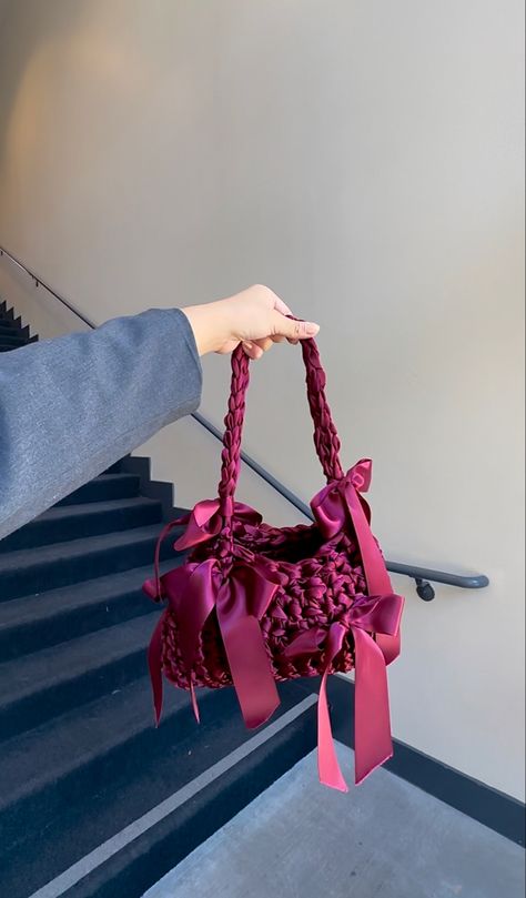 Original designer is @nina.new.york on instagram. #fashion#tiktok#viral#fyp#embroider#crafts#diy#crochet#crochetbag#bag#tutorial#cherry#ribbon#bow#sandiang#coquette Cherry Bag, Ribbon Bag, Fashion Tiktok, Tiktok Viral, Bag Tutorial, Bags Tutorial, Ribbon Bow, Diy Crochet, Crafts Diy