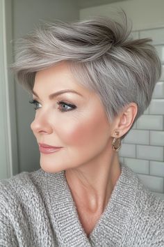 Silver Pixie Cut, Short Gray Hairstyles, Silver Pixie, Short Relaxed Hairstyles, Gray Balayage, Gray Hairstyles, Short Grey Hair, Low Maintenance Hair, Short Hair Balayage