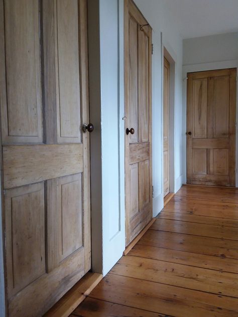 Rustic Wooden Doors Interior, Natural Wood Inside Doors, Light Wood Doors With White Trim, Wooden Doors Hallway, Vintage Doors Interior Decorating Ideas, Wooden Hallway Doors, Reclaimed Wood Interior Doors, Stained Interior Doors With Stained Trim, Wooden Doors White Trim