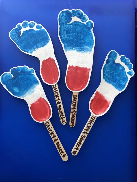 Rocket Pop Footprints Hand And Footprint Crafts, Crafts For Summer, Summer Crafts For Toddlers, Baby Art Crafts, Fourth Of July Crafts For Kids, Summer Arts And Crafts, Baby Art Projects, 4th July Crafts, Footprint Crafts