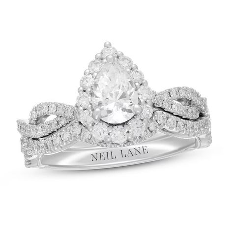 Halo Wedding Set, Neil Lane, Wedding Bands For Her, Twisted Band, Diamond Bridal Sets, Buying Diamonds, White Gold Band, Pear Shaped Diamond, Bridal Set