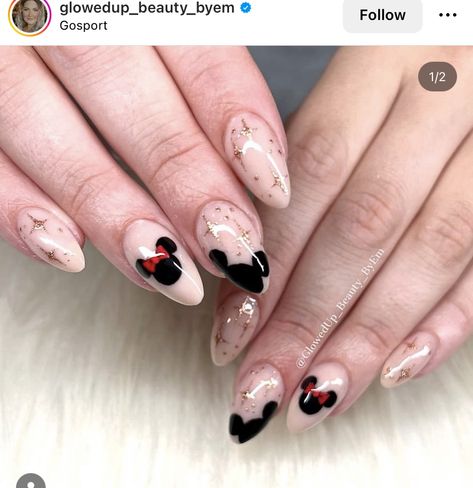 Almond Pink Nails, Mouse Nails, Mickey Mouse Nails, Minnie Mouse Nails, Nail Manicure, Beauty Nails, Nail Design, Pink Nails, Nail Inspo