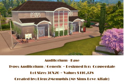 Sims 4 Community Lot – Auditorium – My Sims Love Affair Sims 4 Auditorium Build, Sims 4 Auditorium, Sims Love, The Sims 4 Lots, Career Day, Performance Stage, My Sims, Theater Seating, Sims 4 Build