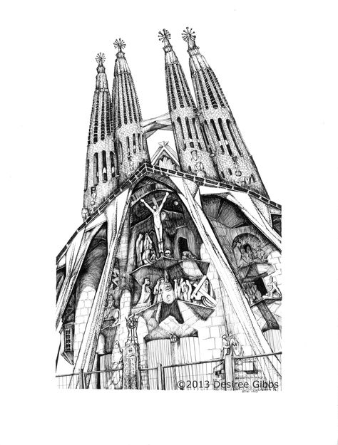 Antoni Gaudi's La Sagrada Familia, a 18x24 India Ink pen drawing by Desiree Gibbs Antoni Gaudi Drawings, Sagrada Familia Drawing, Sagrada Familia Tattoo, Gaudi Art, Gaudi Architecture, Wave Drawing, Gaudi Barcelona, Architecture Icons, Antonio Gaudí