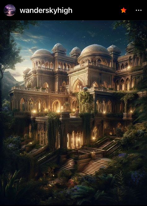 Fantasy Hospital, Dark Fantasy Palace, Massive Fantasy City, Indian Palace Fantasy Art, Forest Palace Fantasy Art, Tropical Castle Fantasy Art, Fantasy Story Ideas, Fantasy Design, Fantasy Stuff