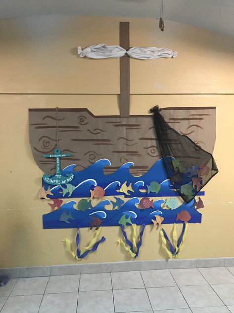 Fishers Of Men Bulletin Board, Fishers Of Men Decorations, Nautical Vbs Decorations, Fishers Of Men Vbs, Fall Fest Games, Jonah Vbs, Mega Sports Camp, Pioneer Meeting, Commotion In The Ocean