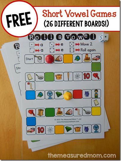 FREE Short Vowel Games - 26 different board to help kindergarten, 1st grade, and 2nd grade kids practice identifying short vowels (language arts) Teaching Short Vowel Sounds, Short Vowel Games, Short Vowel Activities, The Measured Mom, Measured Mom, Vowel Activities, Short Vowel Sounds, First Grade Reading, Vowel Sounds