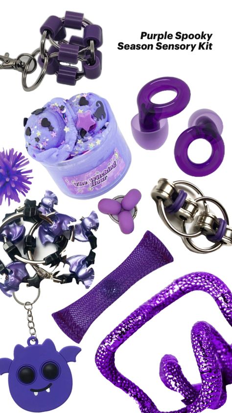 #sensory #fidget #fidgets #keychain #purpleaesthetic #purple #mentalhealth #neurodivergent #spooky Purple Fidget Toys, Stim Toys Aesthetic, Fidget Toys Aesthetic, Autismcore Aesthetic, Stim Toys, Calm Down Kit, Sensory Bag, Sensory Therapy, Cool Fidget Toys