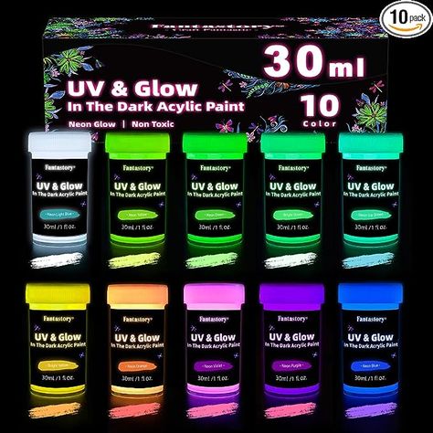 Amazon.com: Fantastory Glow in The Dark Paint,10 Extra Bright Colors 30 ml / 1 oz Glow in Dark Paint, Glow Paint for Halloween Decoration, Art Painting, Outdoor and Indoor Art Craft, Rocks, Walls & Fabric : Arts, Crafts & Sewing Blacklight Paint, Glow In Dark Paint, Neon Crafts, Glow In The Dark Paint, Pink Neon Lights, Glow Paint, Holiday Decor Halloween, Dark Paint, Art Painting Supplies