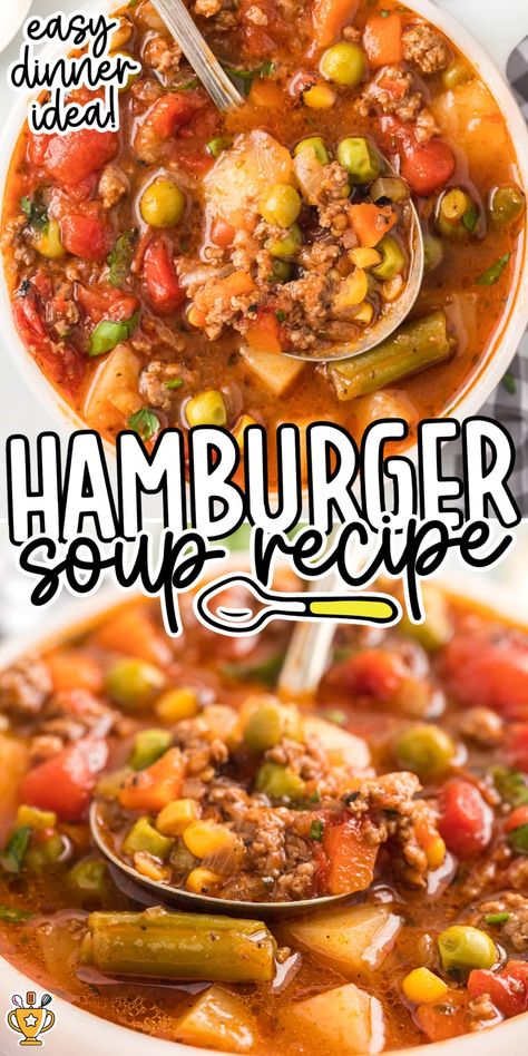 Quick and hearty Hamburger Soup loaded with tender beef and veggies in a savory broth. Perfect for family dinners or busy weeknights! Easy Soup Recipes With Beef, Hearty Beef Vegetable Soup, Good Vegetable Soup Recipes, Hamburger Soup With Frozen Vegetables, Easy Beef Soup Quick, Uses For Beef Broth, Hearty Hamburger Soup Recipes, Beef Broth Vegetable Soup Recipes, Vegetable Soup Recipes Beef