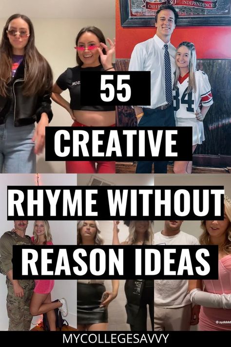 55 creative rhyme without reason ideas Rhyme Without Reason, Quick N Easy Halloween Costumes, Halloween Rhymes, Spirit Day Ideas, Dress Up Days, Duo Halloween Costume Ideas, Homecoming Spirit Week, School Spirit Week, School Spirit Days