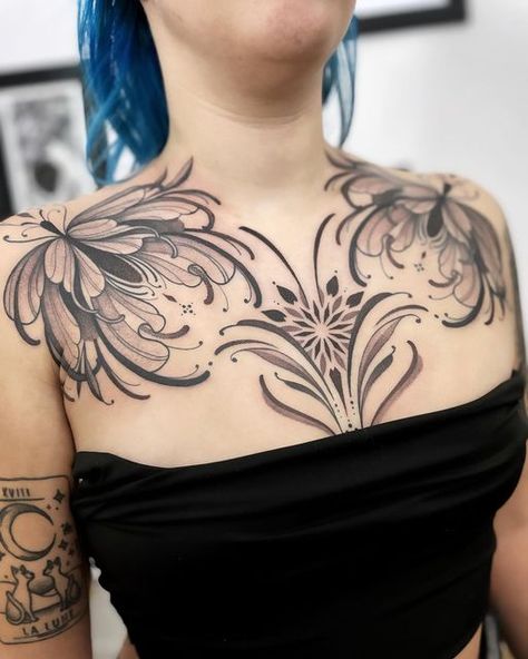 Art Deco Chest Tattoo, Flower Chest Tattoos For Women, Ornamental Peony Tattoo, Ornamental Chest Tattoo Female, Symmetrical Chest Tattoo, Ornamental Chest Tattoo, Female Chest Tattoo, Chest Tattoo Flowers, Montreal Tattoo