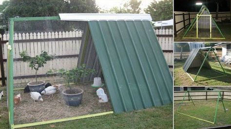 Here's a really clever DIY project. Turning an old swing set frame, either broken or no longer used by the kids into an A frame chicken coop. They've simply used the frame of the old swing set, attached some supporting metal around the base to hold it all in shape, attached some corrugated iron shee A Frame Chicken Coop, Cheap Chicken Coops, Swing Set Diy, Easy Chicken Coop, Diy Swing, Portable Chicken Coop, Backyard Chicken Coop Plans, Chicken Pen, Diy Chicken Coop Plans