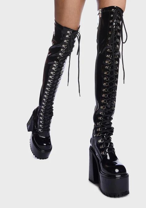 Black Tigh High Boots, Burning Man Boots, Lugz Boots, Goth Dresses, Thigh High Platform Boots, Punk Plaid, High Platform Boots, Demonia Boots, Futuristic Shoes