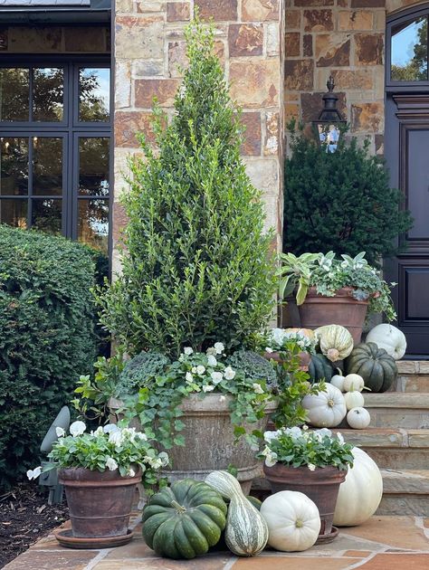 Front Garden Planters, Front Porch Planter Ideas Entrance Flower Pots, Front Porch Planter Ideas Entrance, Fall Thanksgiving Decor Ideas, Front Porch Pots & Planters, Front Door Planter Ideas Entrance, Autumn Planters, Fall Landscaping, Fall Container Gardens