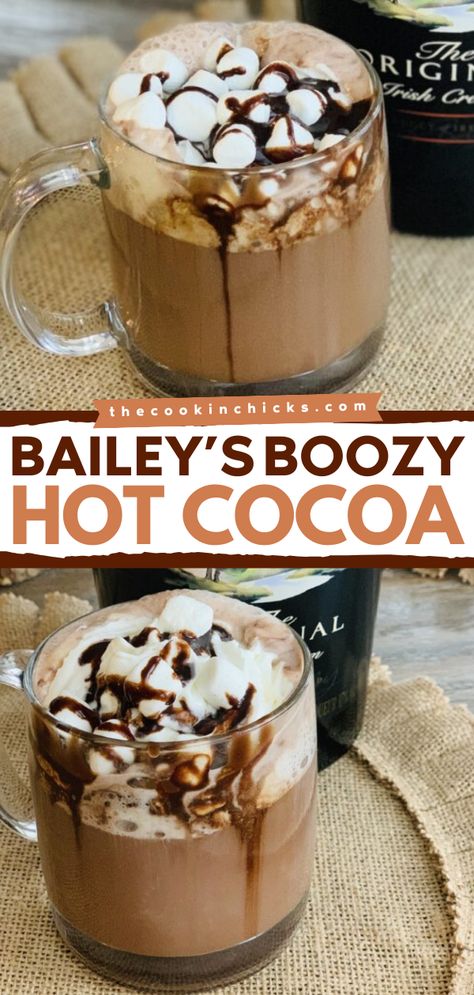 Say hello to your new favorite fall drink idea! Rich, creamy, and spiked with Bailey's, this boozy hot chocolate is on a whole new level of deliciousness. Once you try this fall cocktail recipe, you'll never want the regular hot chocolate again! Hot Chocolate Alcoholic Drinks, Boozy Hot Cocoa, Chocolate Alcoholic Drinks, Alcoholic Hot Chocolate, Baileys Recipes Drinks, Baileys Drinks, Hot Chocolate Cocktail, Boozy Hot Chocolate, Christmas Drinks Alcohol Recipes