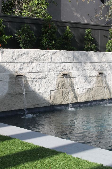 Scuppers For Pool, Pool Feature Wall, Pool Jacuzzi Combo, Modern Pool Ideas, Modern Pool Tile Ideas, French Pool, Pool Makeover, Pool Tile Designs, Pool Fountain