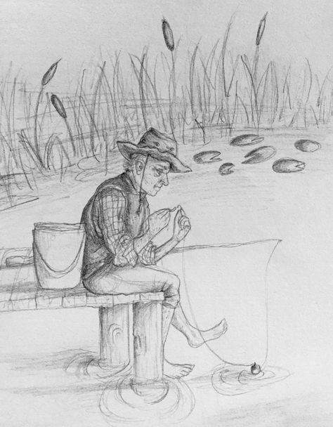 #old #man #worm #hook #fishing #pond #water #art #pencil #drawing #sketches #sketch #ideas Pond Sketch, Fishing Drawing Ideas, Sitting On A Dock Drawing, Person Fishing Drawing, Pond Sketch Pencil Drawings, Man Fishing Drawing, River Pencil Drawing, Pond Drawing, Fish Sketch