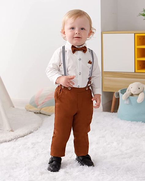 Amazon.com: YALLET Toddler Baby Boy Clothes Suit Gentleman Wedding Outfits, Formal Dress Shirt+Bowtie+Vest+Boutonniere+Suspender Pants: Clothing, Shoes & Jewelry Baby Boy Wedding Guest Outfit, Formal Dress Shirt, Outfits Formal, Toddler Baby Boy, Semi Formal Attire, Gentleman Outfit, Formal Shirt Dress, Suspender Pants, Guest Attire