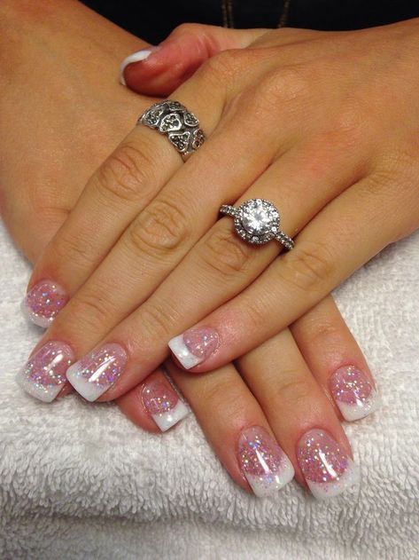 Glitter Frech Manicure Pink And White Acrylic Nails With Glitter, Glitter Pink And White Nails, Valentines Day Nails Acrylic Square, Glittery French Tip Nails, French Manicure With Glitter, White Tip Acrylic Nails, White Tip Nails, Glitter Nails Acrylic, French Tip Nail Designs