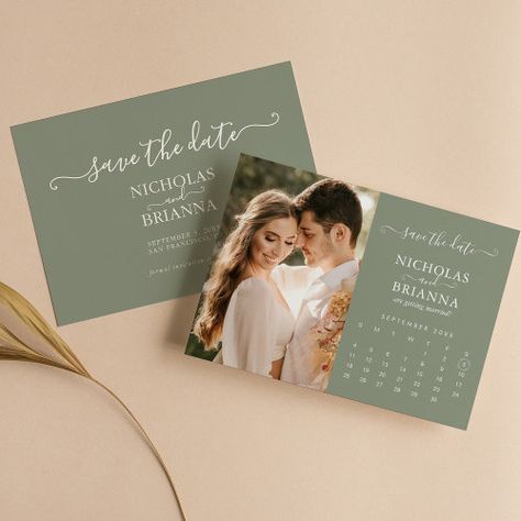 Modern Elegant Photo Calendar Sage Green Wedding Save The Date #zazzle #weddinginvitations #birthdayinvitations #babyshowerinvitations #zazzleinvitations #monogram #businesscards #graduation #homedecor Green Wedding Save The Date, Modern Rustic Wedding, Rustic Wedding Save The Dates, Rustic Modern Wedding, Terracotta Wedding, Dusty Blue Wedding, Rustic Save The Dates, Sage Green Wedding, Elegant Photo