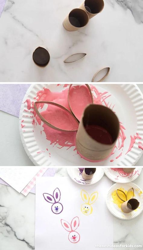 Paper Roll Bunny Stamps - a fun Easter activity for kids! Paper Roll Bunny, Easter Crafts Preschool, Easter Arts And Crafts, Rabbit Crafts, Fun Easter Crafts, Toddler Arts And Crafts, Easter Bunny Crafts, Preschool Arts And Crafts, Easter Art