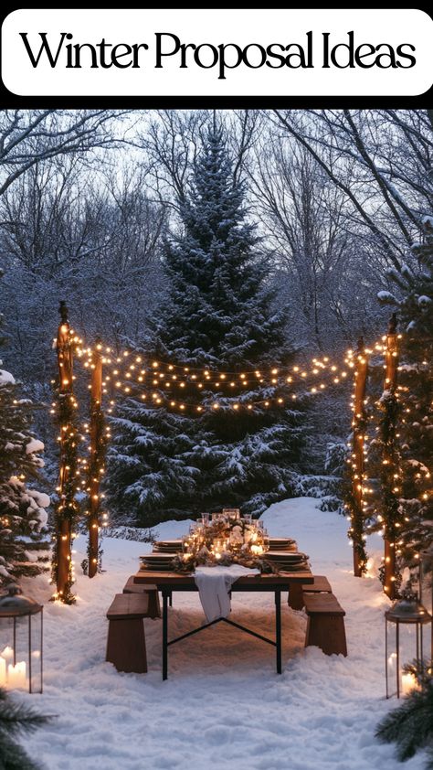 A couple celebrating a romantic winter engagement in a snowy setting, surrounded by a cozy winter backdrop. Formal Proposal Ideas, Winter Formal Proposal Ideas, Proposal Ideas Winter, Snow Proposal, Christmas Proposal Ideas, Winter Formal Proposal, Winter Proposal Ideas, Formal Proposal, Romantic Proposal Ideas