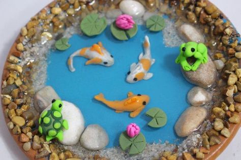 Make Fairy Garden, Miniature Koi Pond, Turtle Frog, Fairy House Kit, Frog Pond, Fairy Garden Kit, Fairy Garden Furniture, Miniature Landscape, Polymer Clay Fairy