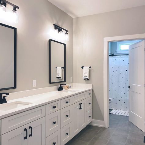 Nikki • Modern Farmhouse on Instagram: “🚀 I’m not sure if I’ve shared this view, but this is the kids’ bathroom. We haven’t decorated much yet, however, simple is working for us…” Sw Repose Gray, Grey Bathroom Floor, Gray Bathroom Walls, Quartz Flooring, Repose Gray, Gray Vanity, Bathroom Redesign, Boys Bathroom, Grey Flooring