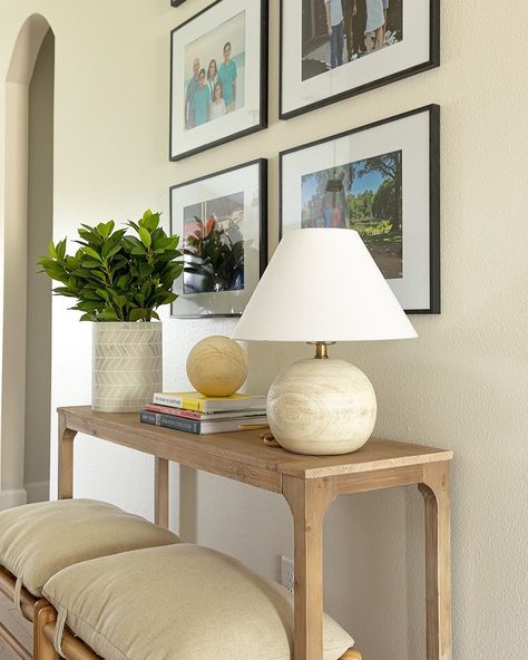 Entry Table With Ottomans Under, Console Table Under Window, Console Table With Ottomans, Target Ottoman, Target Lamp, Desk Styling, Above Couch, Metal Console Table, Square Ottoman